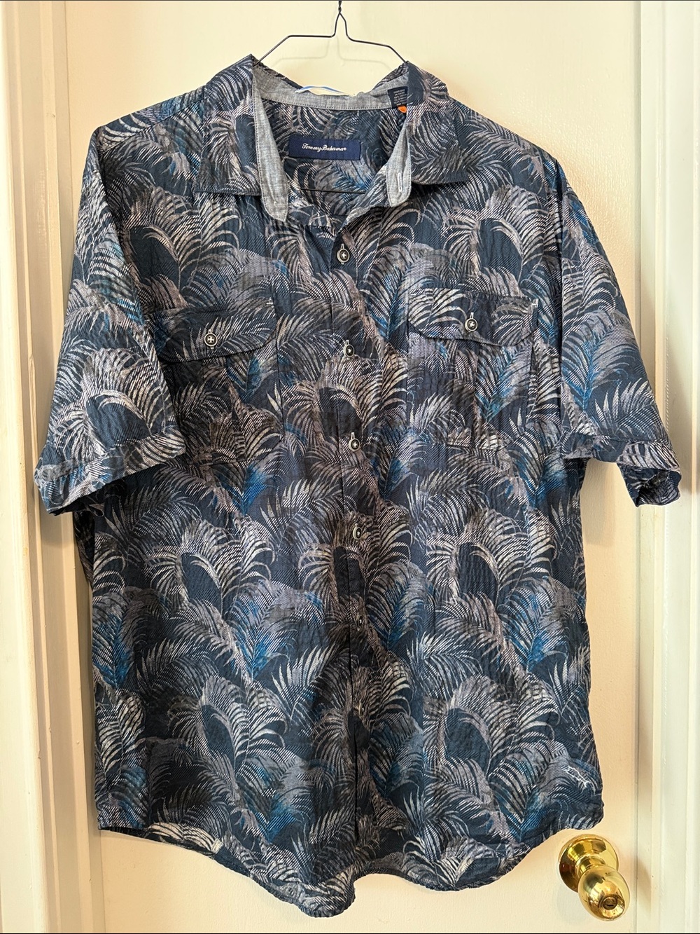 Tommy Bahama Blue and Gray Palm Print Casual Button-Down Shirt